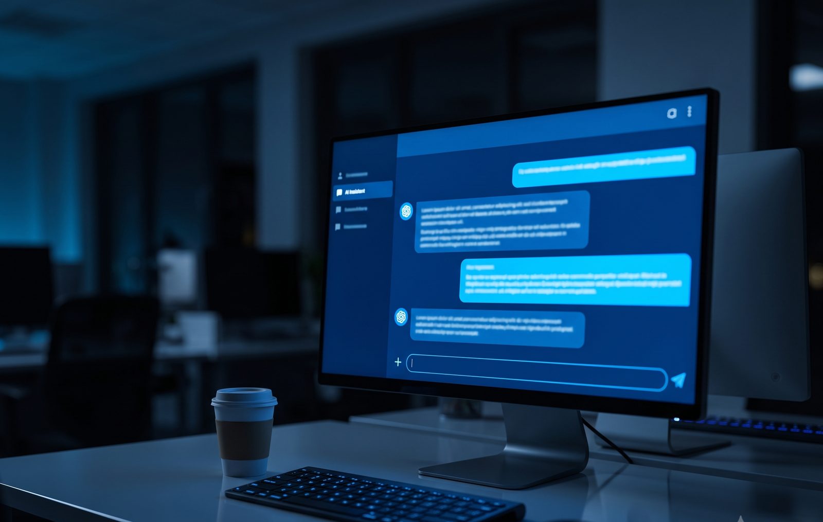 AI assistant chat interface glowing on a monitor at night