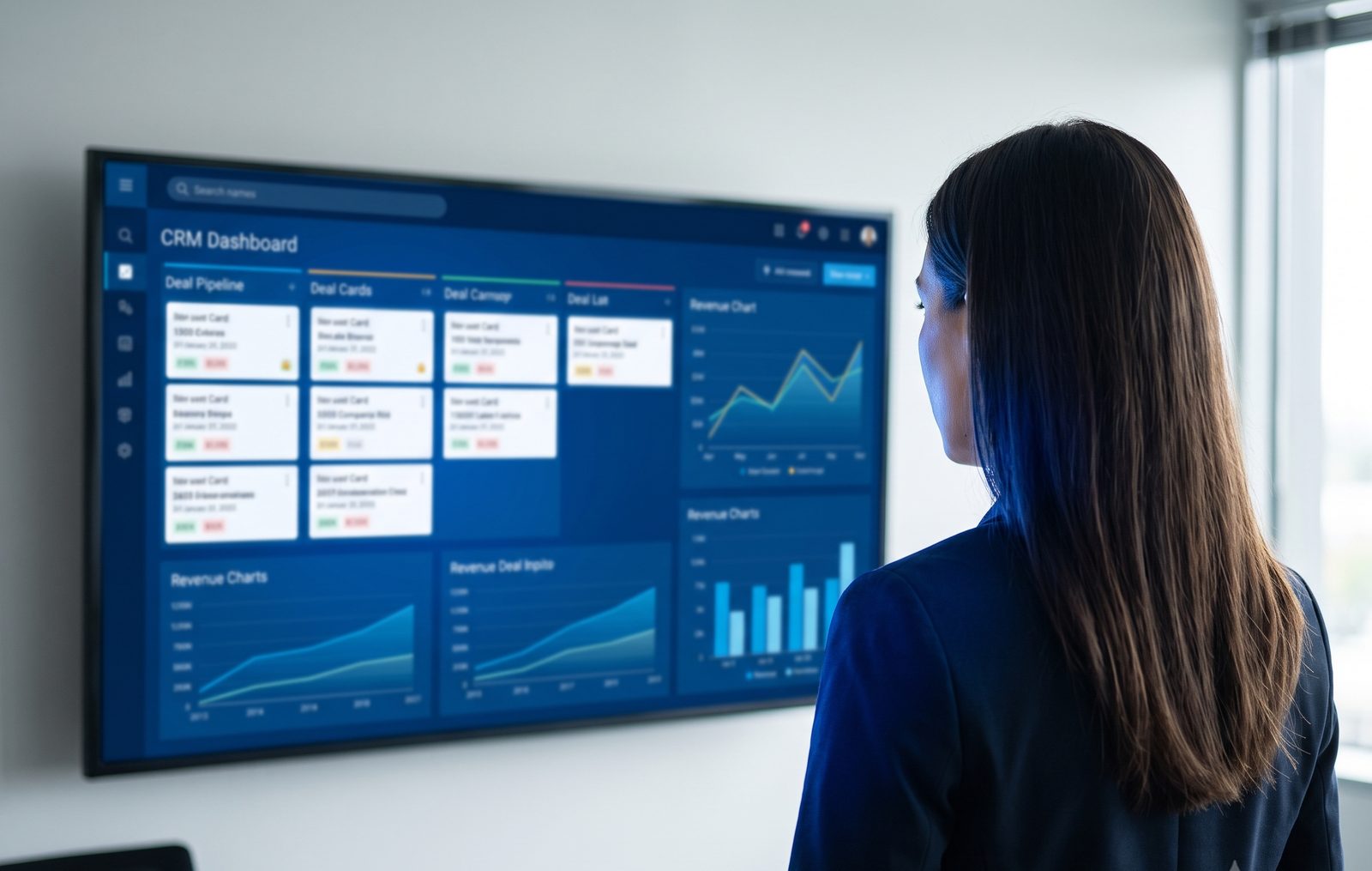 CRM dashboard with deal pipeline shown on a large screen