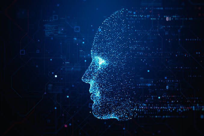 Digital human face formed from AI data points, representing intelligent automation