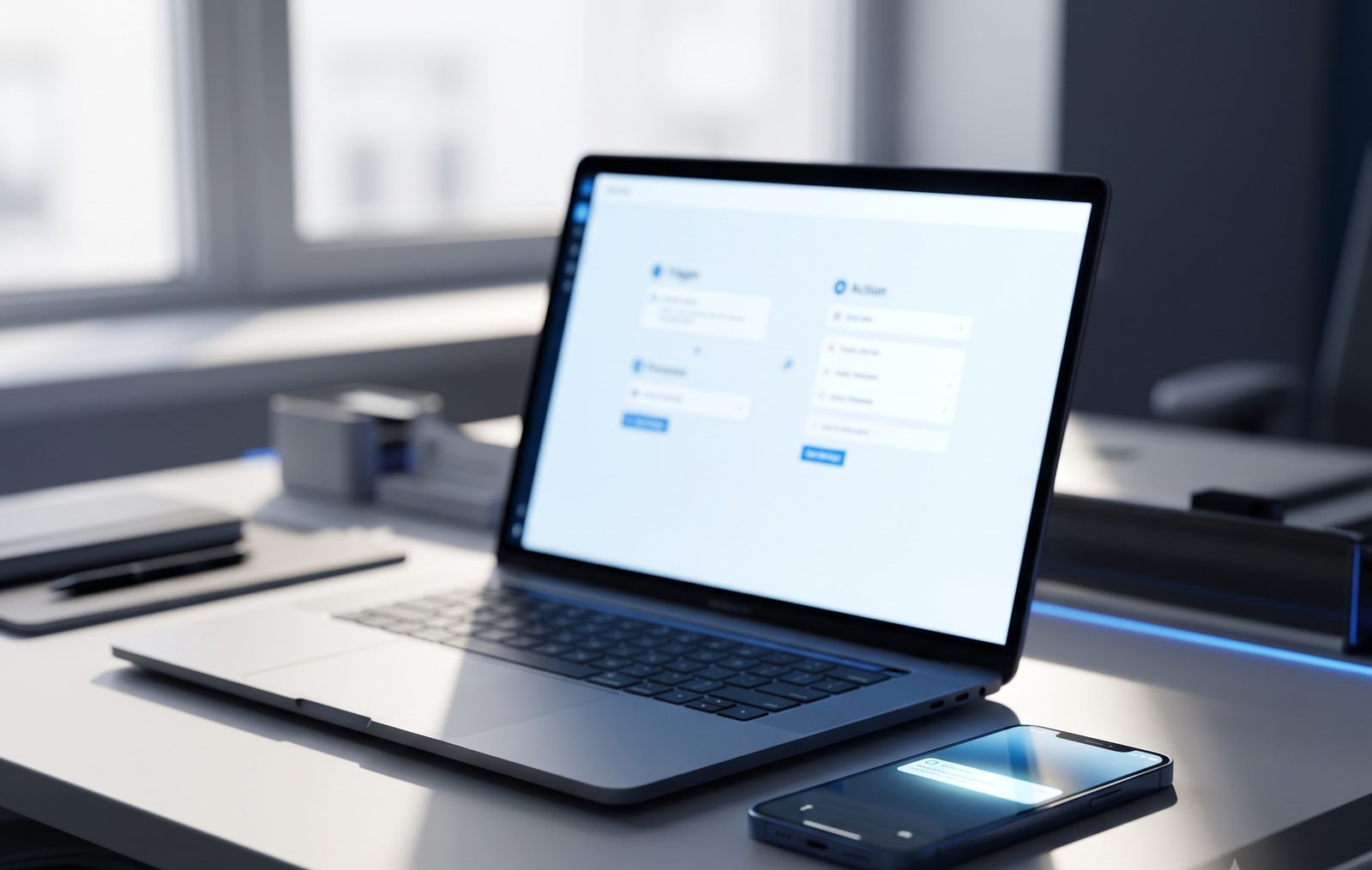 Zapier automation workflow shown on a laptop and phone